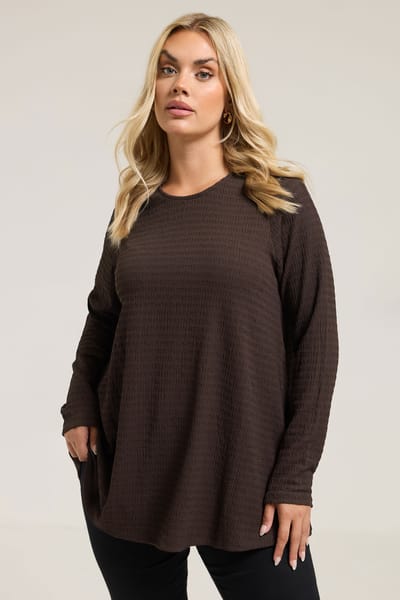 Yours Curve Chocoladebruine Textuur Top Met Lange Mouwen Size 42