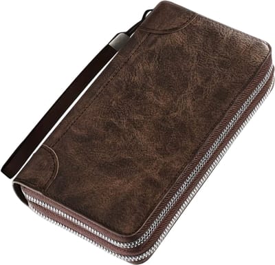 Heren Clutch Portemonnee van Kunstleer – Grote Rits Wallet, Polsbandje, Kaart Portemonnee, Telefoonhouder en Business Handtas voor Mannen - Bruin