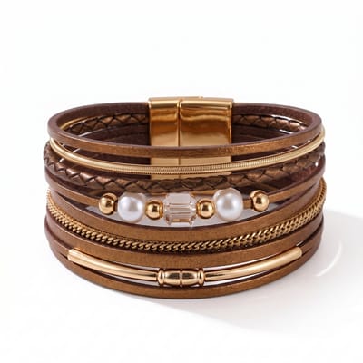 Sorprese Livia Bronze Armband - Parel Look - Dames Armband - Leren Wikkelarmband - Magnetische Sluiting - Cadeau voor Vrouwen - Model ZZ