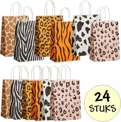 24x Papieren Uitdeeltasjes Animal Prints - 15x8x21cm - Stevig Papier - Traktatie Zakjes - Papieren Tasjes - Cadeau Zakjes - Uitdeelzakjes - 6 Dieren Prints - Kraftpapier - 24 Stuks