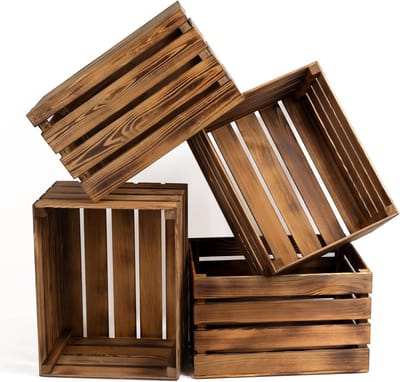 Set van 4 Houten Kisten – Grote Sierkisten Gevlamd Vintage Hout 50x40x30 cm