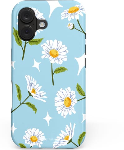 Casetastic hoesje geschikt voor Apple iPhone 16 - MagSafe - Dubbellaagse bescherming - Margrietjes in de Wind - Fashion Case - Lichtblauw Wit Groen