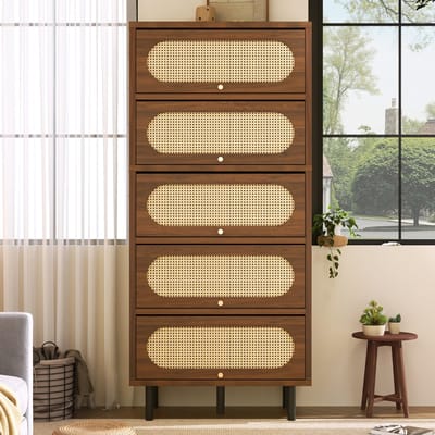 OKWISH Dressoir Kast – Met 5 Kleppen – 80 x 40 x 163 cm – Verborgen Opbergruimte Voor Woonkamer Hal Keuken – Houtlook Walnoot