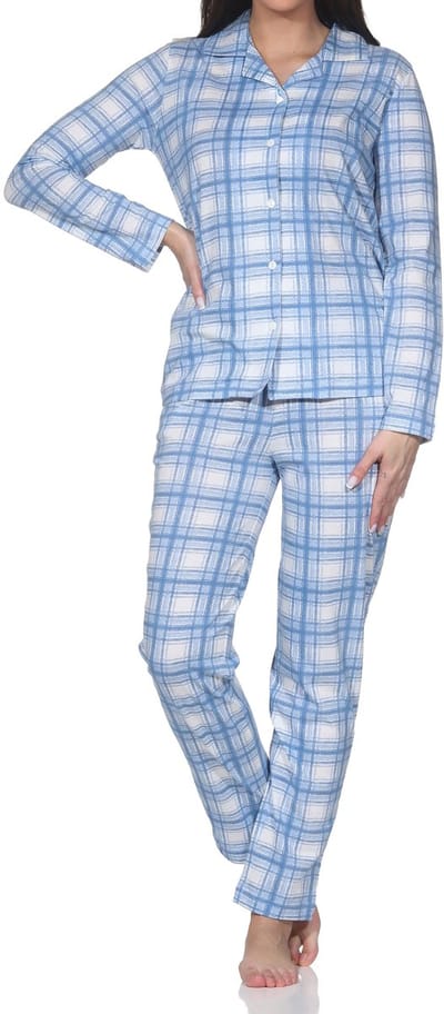 Normann dames jersey pyjama lange mouw knoopsluiting in ruitlook - ook in grote maten