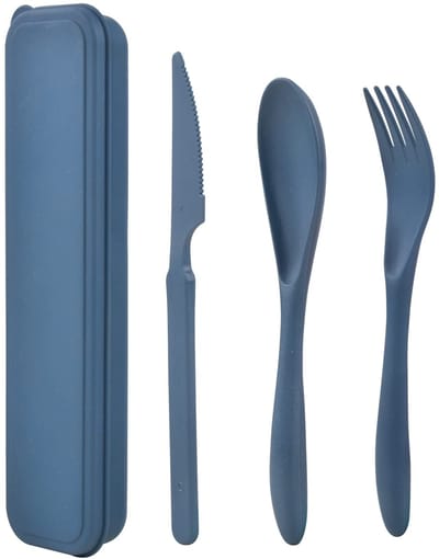 SnelShoppen - Reisbenodigdheden Koffer met Herbruikbaar Plastic Bestekset - Mes, Vork, Lepel in Blauw - Ideaal voor Reizen, School, Picknick, Kamperen