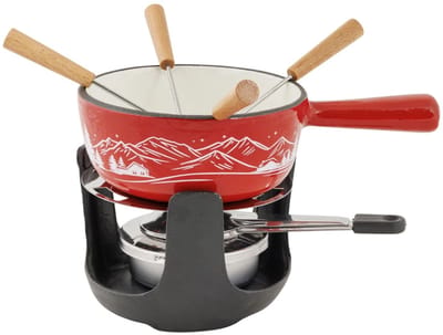 Cosy&Trendy Aspen Fondueset Gietijzer Ø14 cm - Rood - Incl. Brander & 4 Vorkjes - 4 Personen