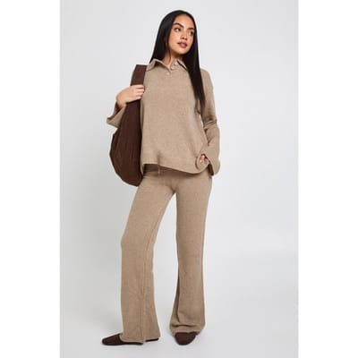 boohoo Dames Gebreide Oversized Trui met Kraag en Knoopsluiting en Rechte Broek Co-Ord Set | Grey | Maat: Small
