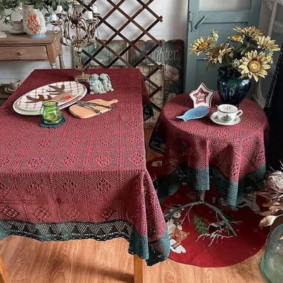 Katoenen Draad Uitgehold Rood Groen Tafelvlaggen Groene Kantrand Decoratief Tafelkleed Gehaakt Ruitpatroon Stofdichte Doek 45x180cm 1pcs