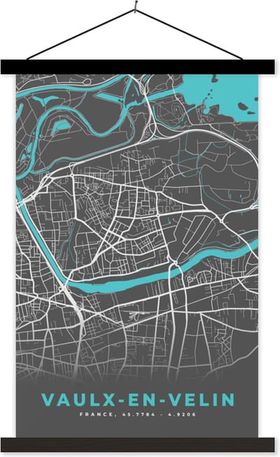 Posterhanger incl. Poster 40x60 cm - Schoolplaat - Vaulx-en-Velin - Frankrijk - Plattegrond - Stadskaart - Kaart - Textielposter - Zwarte latten - Stadskaart