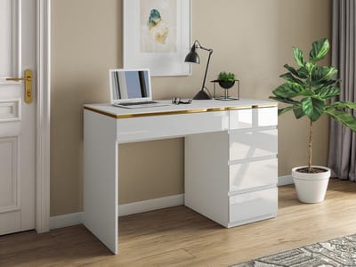 Vente-unique Bureau - 5 lades - Hoogglans wit en goud - VUKIA