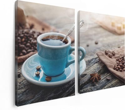 Artaza Canvas Schilderij Tweeluik Blauw Kopje Koffie Met Koffiebonen - 120x80 - Foto Op Canvas - Canvas Print