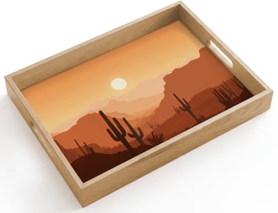 Dienblad hout 40x30 cm - Schootdienblad - Landschap - Woestijn - Cactussen - Zon - Borrelplank rechthoek - Plateau dienbladen
