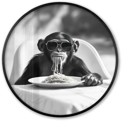 Poster in lijst Rond - Fotolijst 60x60 cm - Posters - Aap - Spaghetti - Zonnebril - Zwart wit - Cool - Dier - Ronde posterlijst zwart - Decoratie - Wanddecoratie woonkamer - Muurdecoratie slaapkamer