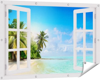 Gards Tuinposter Doorkijk Tropisch Strand bij de Licht Blauwe Zee - 120x80 cm - Tuindoek - Tuindecoratie - Wanddecoratie buiten - Tuinschilderij