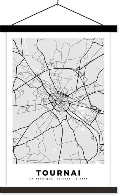 Posterhanger incl. Poster 40x60 cm - Schoolplaat - Stadskaart – Plattegrond – België – Zwart Wit – Tournai – Kaart - Textielposter - Zwarte latten - Stadskaart
