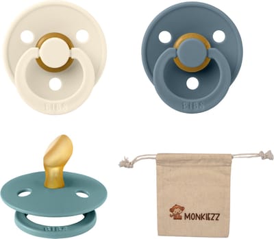 Bibs Dental fopspenen Anatomical 0-6 maanden- Set 3 stuks- Ivory, Petrol, Island Sea + Monkiezz speenzakje - orthodontisch- Anatomisch- Maat 1
