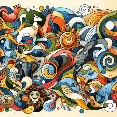 Abstract dieren schilderij | Dieren in een abstracte dans van kleuren en vormen | Kunst - 100x100 centimeter op Dibond | Foto op Dibond