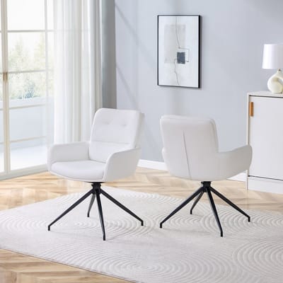 [Set van 2] Europese draaistoel in een lichtgewicht luxe design: witte PU-coating + zwarte metalen poten, 360° draaibaar, set van 2 voor eetkamers / ontspanningsruimtes.