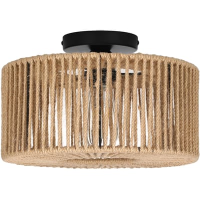 Rotan Geweven Lampenarmaturen Semi Flush Mount Plafondlamp Vintage Binnen Hanglamp E27 zwart/geel