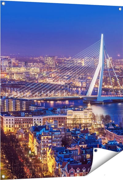 Gards Tuinposter Rotterdamse Skyline met de Erasmusbrug - 80x100 cm - Tuindoek - Tuindecoratie - Wanddecoratie buiten - Tuinschilderij
