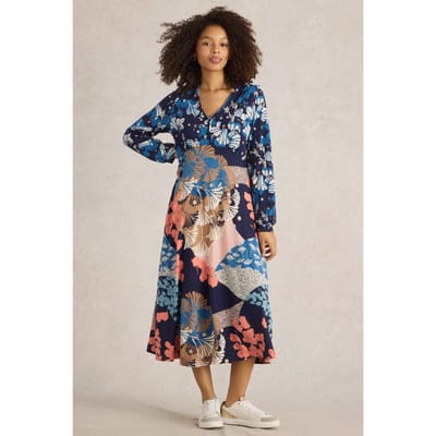White Stuff Megan Jersey Dress Navy Multi Maat: 10 REGULAR | Midi Jurken Outlet | Dames | Blauw