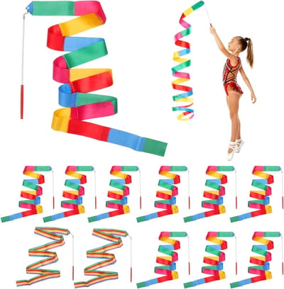 Set van 12 Kleurrijke Dansbanden met Stang voor Kinderen, Gymnastiek, Ritmische Sporten en Feestjes