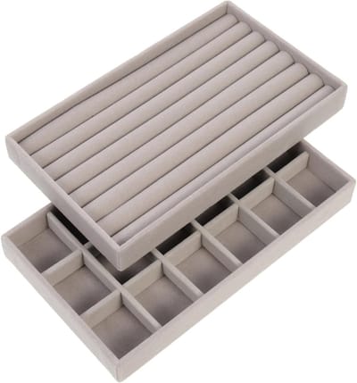2 Stuks Opbergdoos voor Sieraden met Compartimenten - Stapelbare Organizer voor Oorbellen en Ringen in Grijs met Strepen