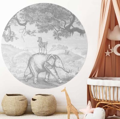 Behangcirkel 100cm Studio Wallz - Baby olifant en zebra schets