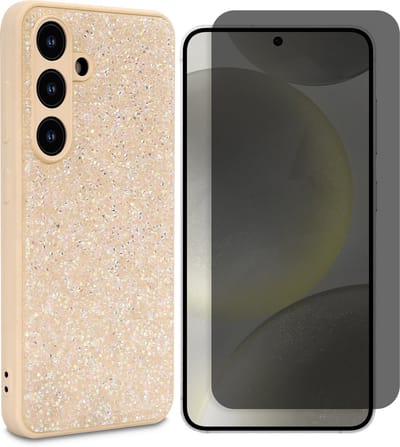 Casemania Hoesje & Privacy Glas Geschikt voor Samsung Galaxy S25 - Goud - Diamant Glitter Back Cover & Glazen Screenprotector