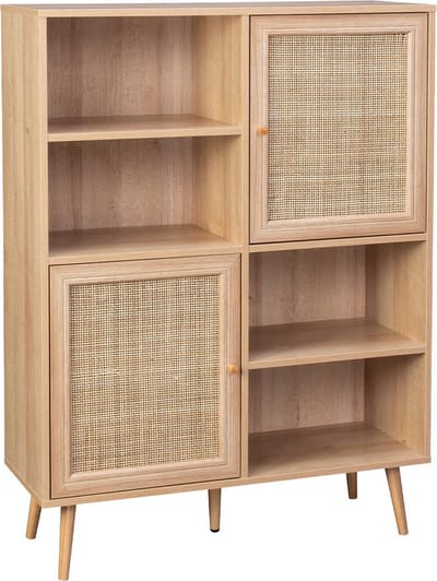 sweeek - Wandkast met 2 deuren 4 open vakken houtdecor en rotan 90cm - bohème