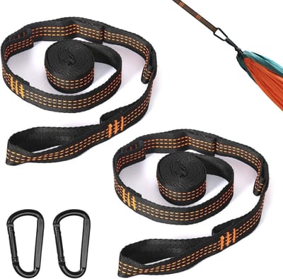 Hammock Bevestigingsset met 2 m x 2.5 cm Touw en 2 Carabiner Haken voor Zware Lasten, Ideaal voor Camping, Buitenactiviteiten en Reizen