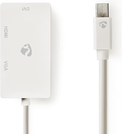 Nedis Mini DisplayPort-Kabel - DisplayPort 1.2 - Mini-DisplayPort Male - DVI-D 24+1-Pins Female / HDMI Input / VGA Female 15p - 21.6 Gbps - Vernikkeld - 0.20 m - Rond - PVC - Wit - Blister