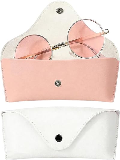 Draagbare brillenkokers van zacht PU-leer met knoopsluiting, ideaal voor brillen en zonnebrillen, set van 2 (wit + roze)