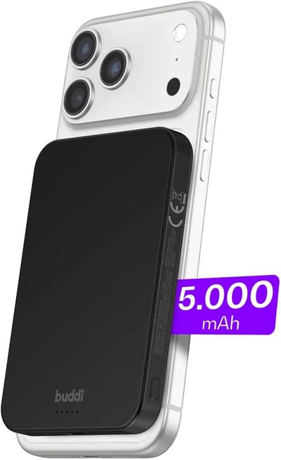 Buddi Connect Pro Powerbank - 5.000 mAh - Ultra Dun - Geschikt voor MagSafe - Gecertificeerd Qi2 - Draadloze Powerbank - Snelladen 15W - Zwart