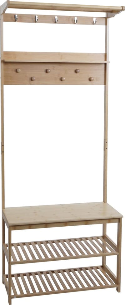Bamboe kapstok MCW-N82, kapstok schoenenrek bank schoenenbank, kapstokhaken MVG 170x70x31cm