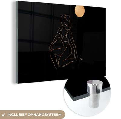 MuchoWow® Glasschilderij 60x40 cm - Schilderij acrylglas - Vrouw - Hoed - Maan - Line art - Foto op glas - Schilderijen