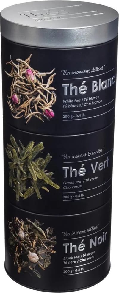 5Five Theedoos 3-vaks compartimenten - klikbaar - zwart - 11 x 26 cm - voor losse thee - metaal - 3x 200 gram