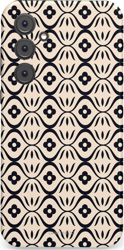 Casetastic hoesje geschikt voor Samsung Galaxy A35 - Dubbellaagse bescherming - Retro crème-zwarte bloemenprint - Fashion Case - Crème Grijs Donkergrijs
