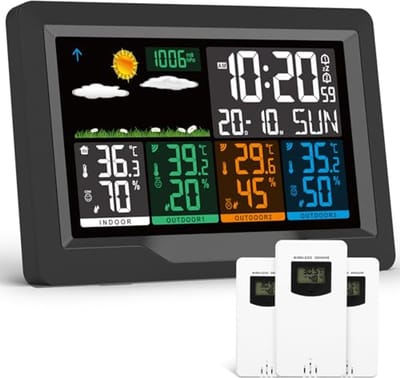 Weerstation met sensoren - Thermo-hygrometer - Thuis Weer Monitoren - 75" Kleuren Display - 3 Buitensensoren - Zwart