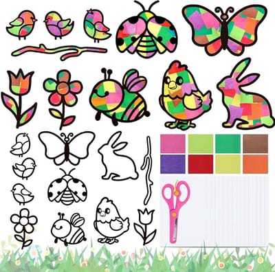 Knutselset met 22 kleurrijke raamafbeeldingen van bloemen, vogels en vlinders voor Pasen en de lente, ideaal voor creatieve kinderen