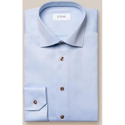 Eton Overhemd Luxury Signature Twill Subtle Texture Brown Contrast Details Licht Blauw / male