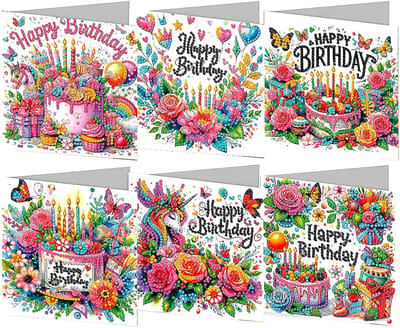 Huntex Diamond Painting Kaarten – 6 Verjaardagskaarten met envelop - Diamond Painting Volwassenen – Diamond Painting Volledig Pakket