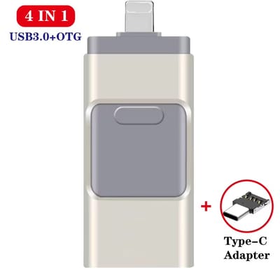 4-in-1 USB Flash Drive 512GB USB 3.0 Geheugenstick – Externe Opslag, geschikt voor iPhone, Android, Telefoon, Type-C & Windows (USB stick, geheugenkaart, opslag stick, OTG)- Zilver