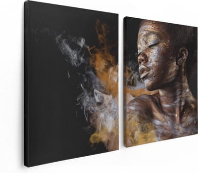 Artaza Canvas Schilderij Tweeluik Afrikaanse Vrouw Met Zilver En Goud - 120x80 cm - Wanddecoratie Woonkamer - Schilderijen - Muurdecoratie