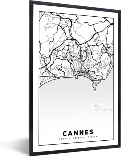 Fotolijst incl. Poster Zwart Wit- Kaart - Plattegrond - Cannes - Frankrijk - Stadskaart - Zwart wit - 40x60 cm - Posterlijst