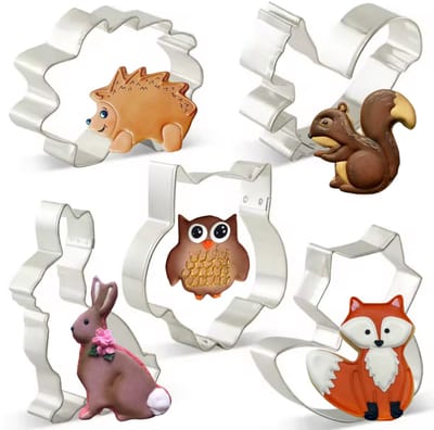 Dieren Uitsteekvormpjes Set 'Bosvriendjes' - 5 RVS vormen met Uil, Eekhoorn, Egel, Konijn & Vos - Groot formaat 7-12CM - Perfect voor Koekjes bakken