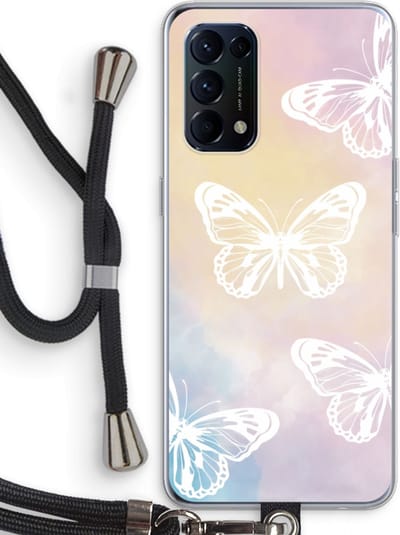 Case Company® - Hoesje met koord geschikt voor Oppo Find X3 Lite hoesje met Koord - White butterfly - Telefoonhoesje met Zwart Koord - Bescherming aan alle Kanten en Over de Schermrand
