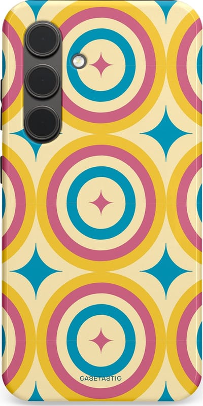 Casetastic hoesje geschikt voor Samsung Galaxy S24 - Dubbellaagse bescherming - Swinging Retro Boogie Circles - Fashion Case - Crème Goud Lichtblauw Koraal