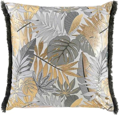 Cushion Groen met Gouden Bladeren van Katoen 50 x 50 cm met Rits en Vulling - Moderne Kussen met Fringes voor Bank of Stoel