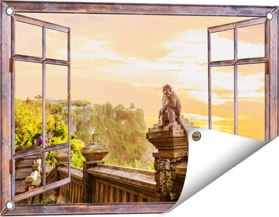 Gards Tuinposter Doorkijk Aap op de Uluwatu Tempel in Bali - 60x40 cm - Tuindoek - Tuindecoratie - Wanddecoratie buiten - Tuinschilderij